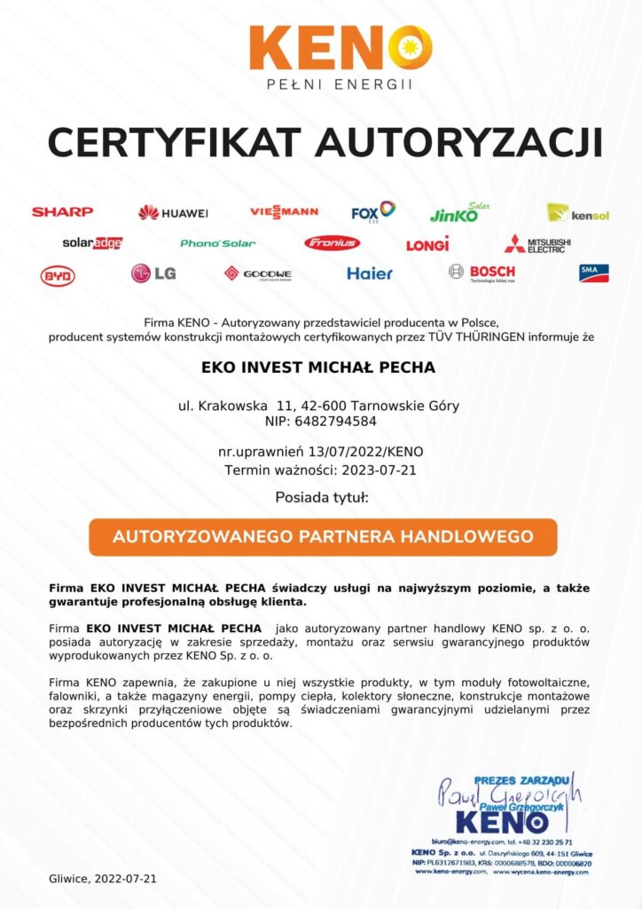 Certyfikat autoryzacji KENO - Ekoinvest